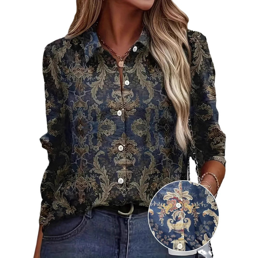 Women's Color Matching Casual Loose Button Digital Printing Shirt