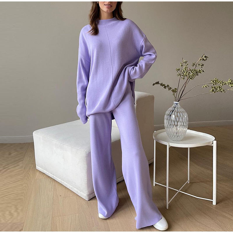 New Solid Color Knitted Turtleneck Pullover Sweater Set