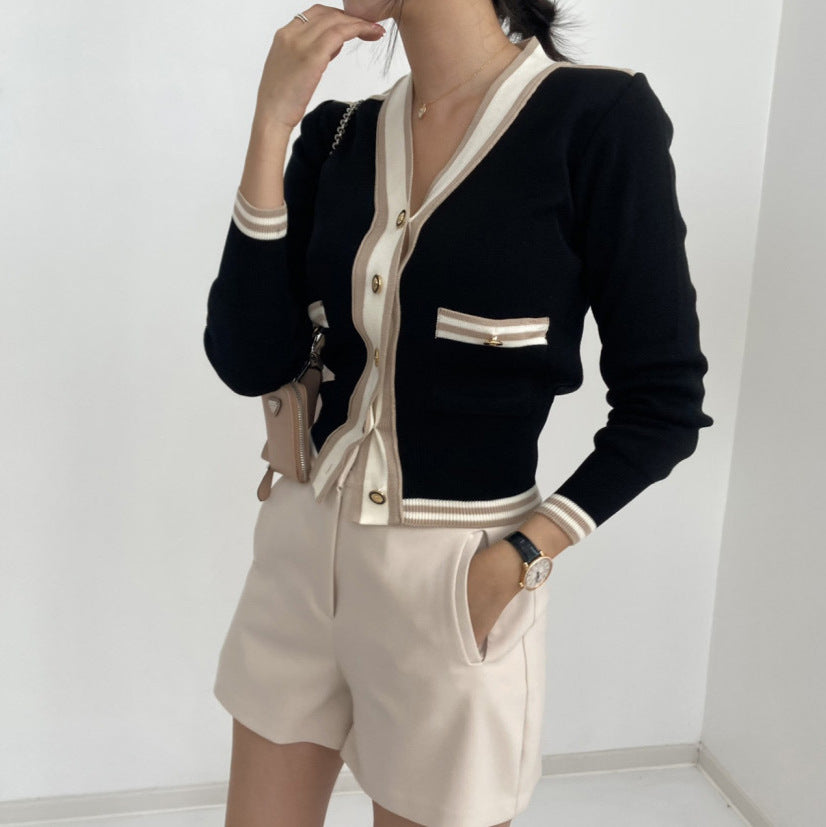 V-neck Long Sleeve Knitted Cardigan with Stitching and Metal Button Details