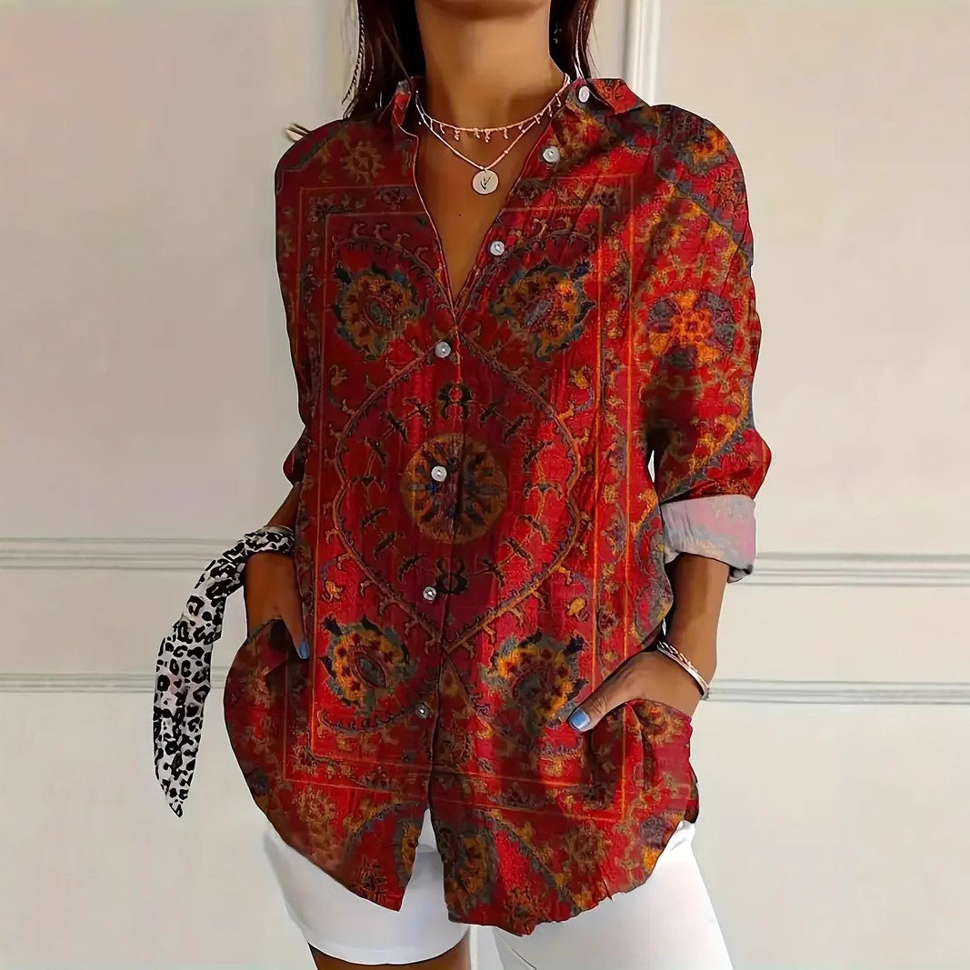 Women's Color Matching Casual Loose Button Digital Printing Shirt