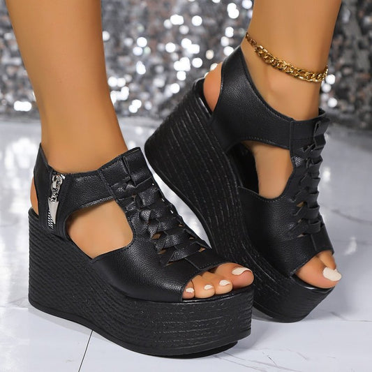 Women's Wedge Platform Roman Sandals with Zipper and Peep Toe - Beach Shoes