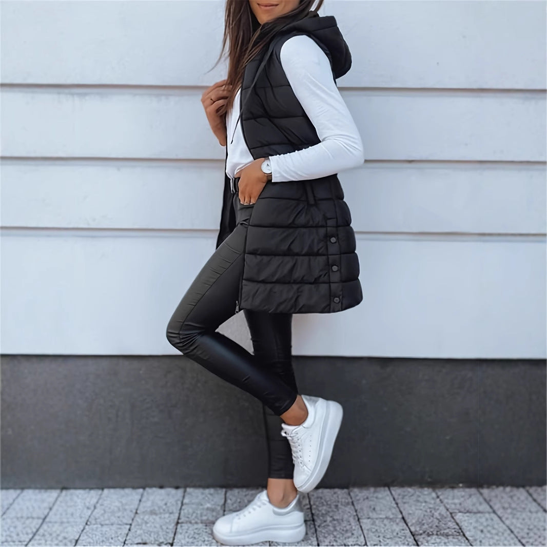 Solid Color Hooded Quilted Zipper Cotton Vest Coat