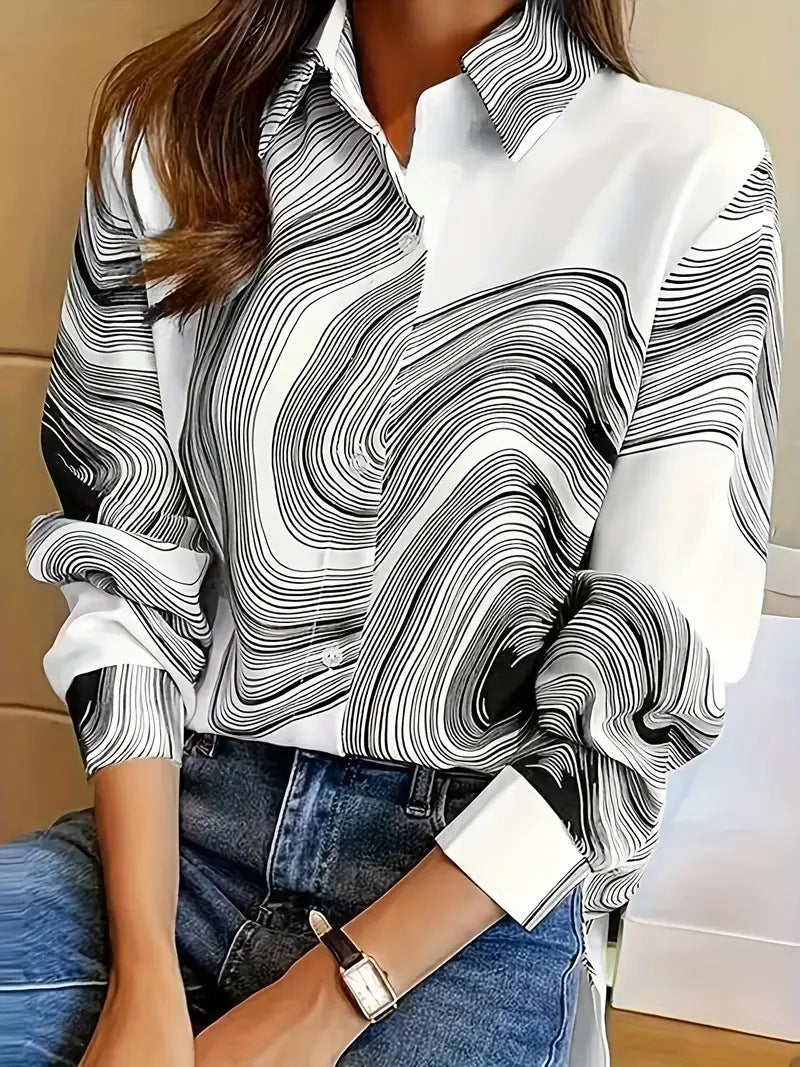 Women's Color Matching Casual Loose Button Digital Printing Shirt