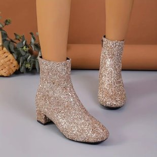 Sequin Outfit Chunky Heel Boots for Women – Soft Bottom with Side Zipper