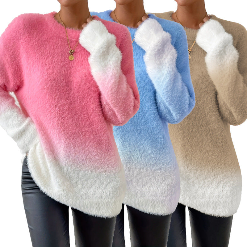 Elegant Women's Gradient Woolen Round Neck Sweater