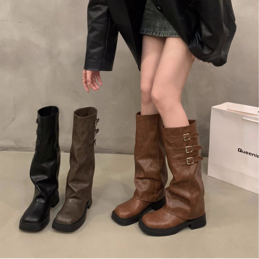 Women's Retro Long Biker Boots with Thick Sole and Pantyhose Design