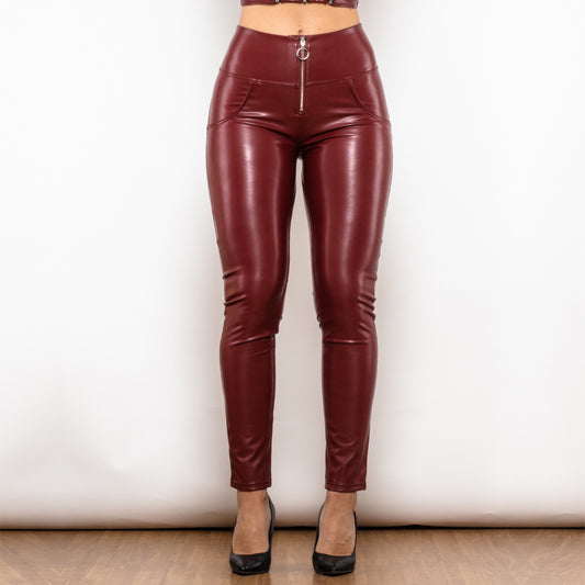 Wine Red Skin High Waist Tight Leather Pants Women