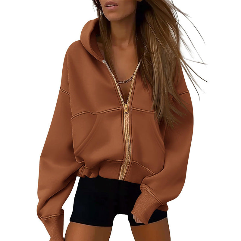 Women's Zipper Hooded Sweatshirt – Long Sleeve Loose-Fit Sports Jacket with Pockets