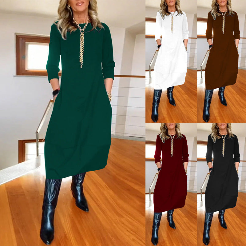 Women's New All-Matching Solid Color Loose Round Neck Long Sleeve Dress