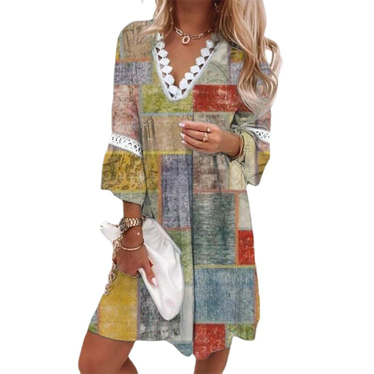 Spring Printed Lace Stitching Bohemian Casual Vacation Style Dress