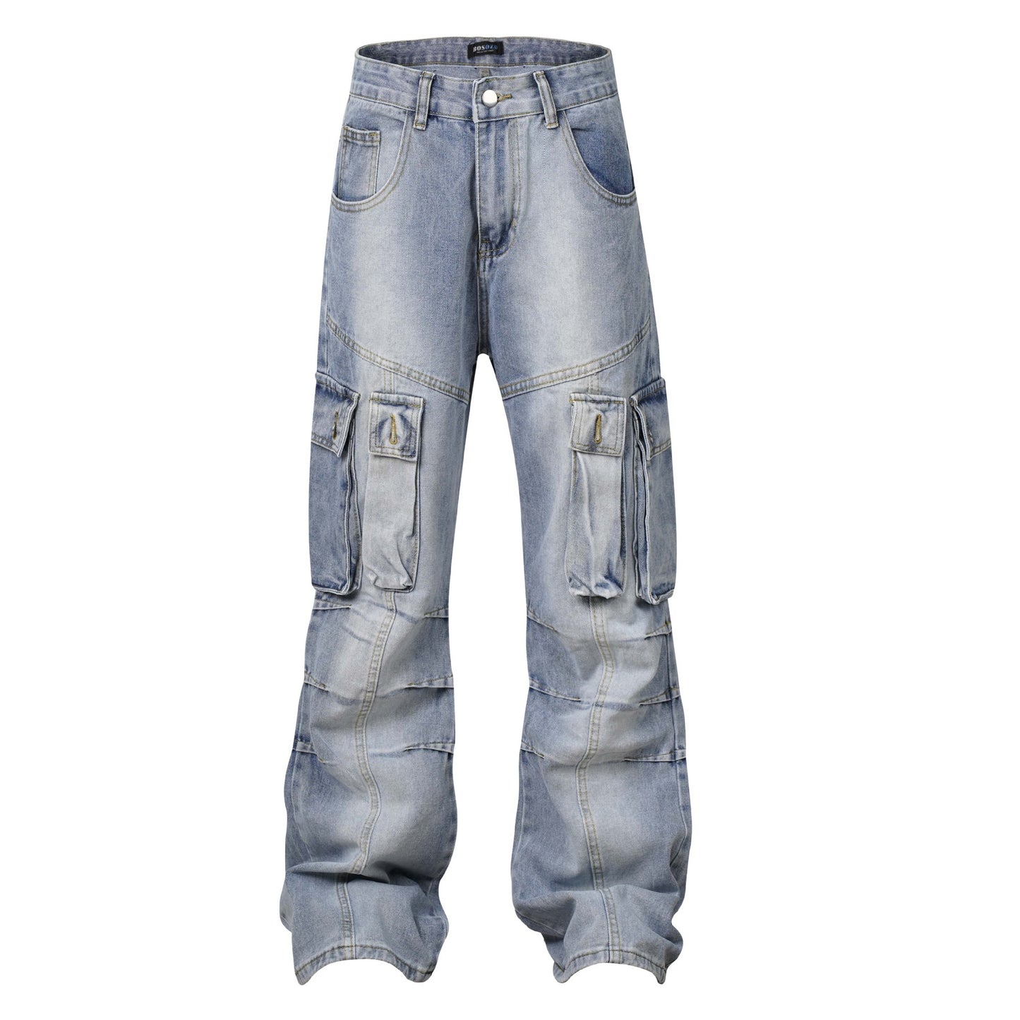 High-Street American Washed Distressed Pleated Denim Overalls with Multi-Pocket Design