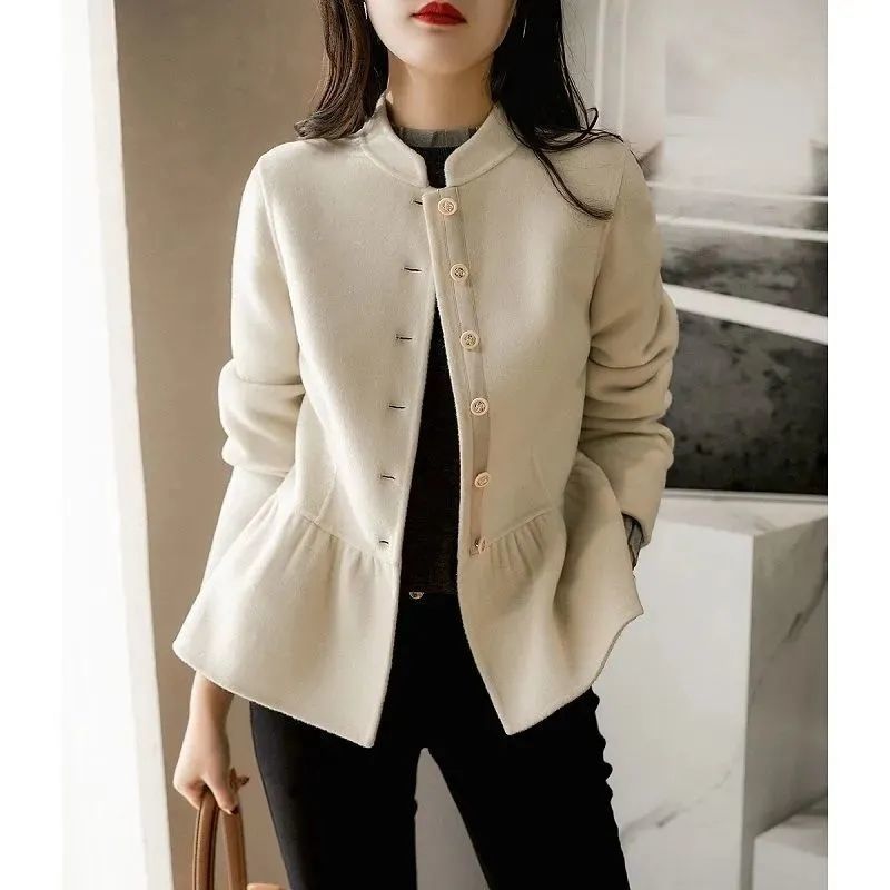 Women's Stand Collar Single-Breasted Ruffled Short Coat