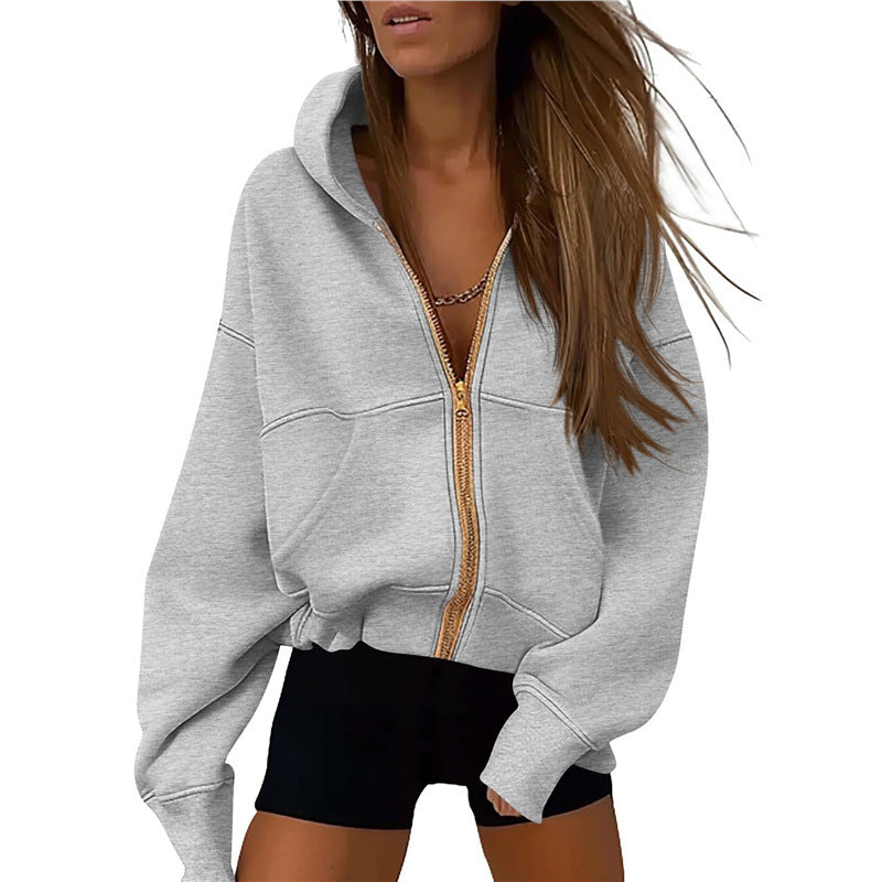 Women's Zipper Hooded Sweatshirt – Long Sleeve Loose-Fit Sports Jacket with Pockets