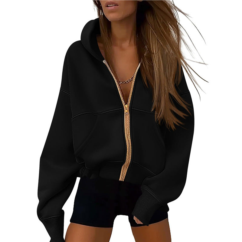 Women's Zipper Hooded Sweatshirt – Long Sleeve Loose-Fit Sports Jacket with Pockets