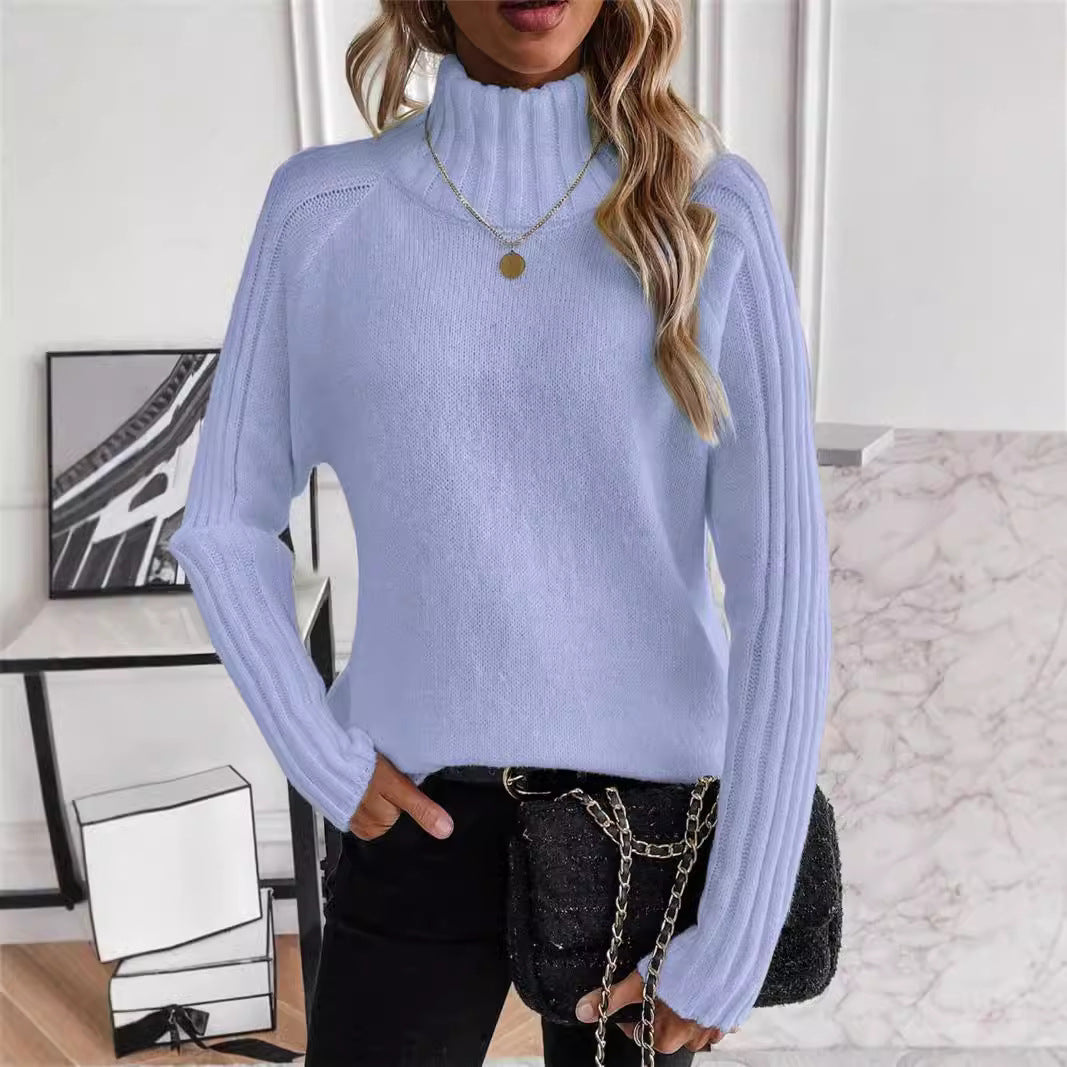 Women's Solid Color All-Matching Turtleneck Pullover Raglan Long Sleeve Sweater