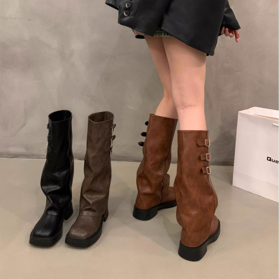 Women's Retro Long Biker Boots with Thick Sole and Pantyhose Design