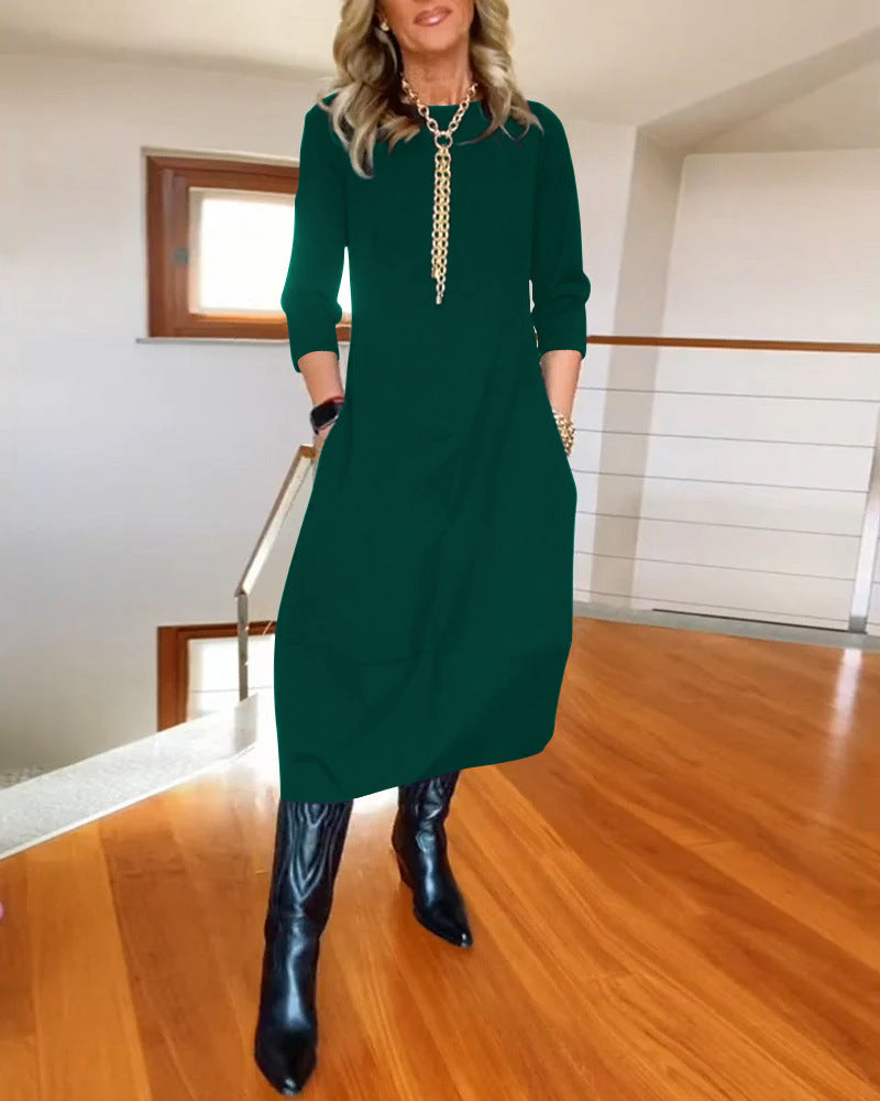 Women's New All-Matching Solid Color Loose Round Neck Long Sleeve Dress