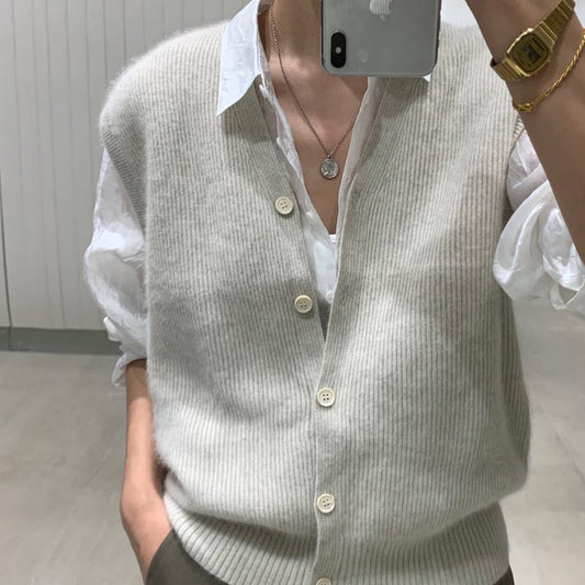 Korean-Style Loose Knitted Wool Cardigan Vest with Bandage Design