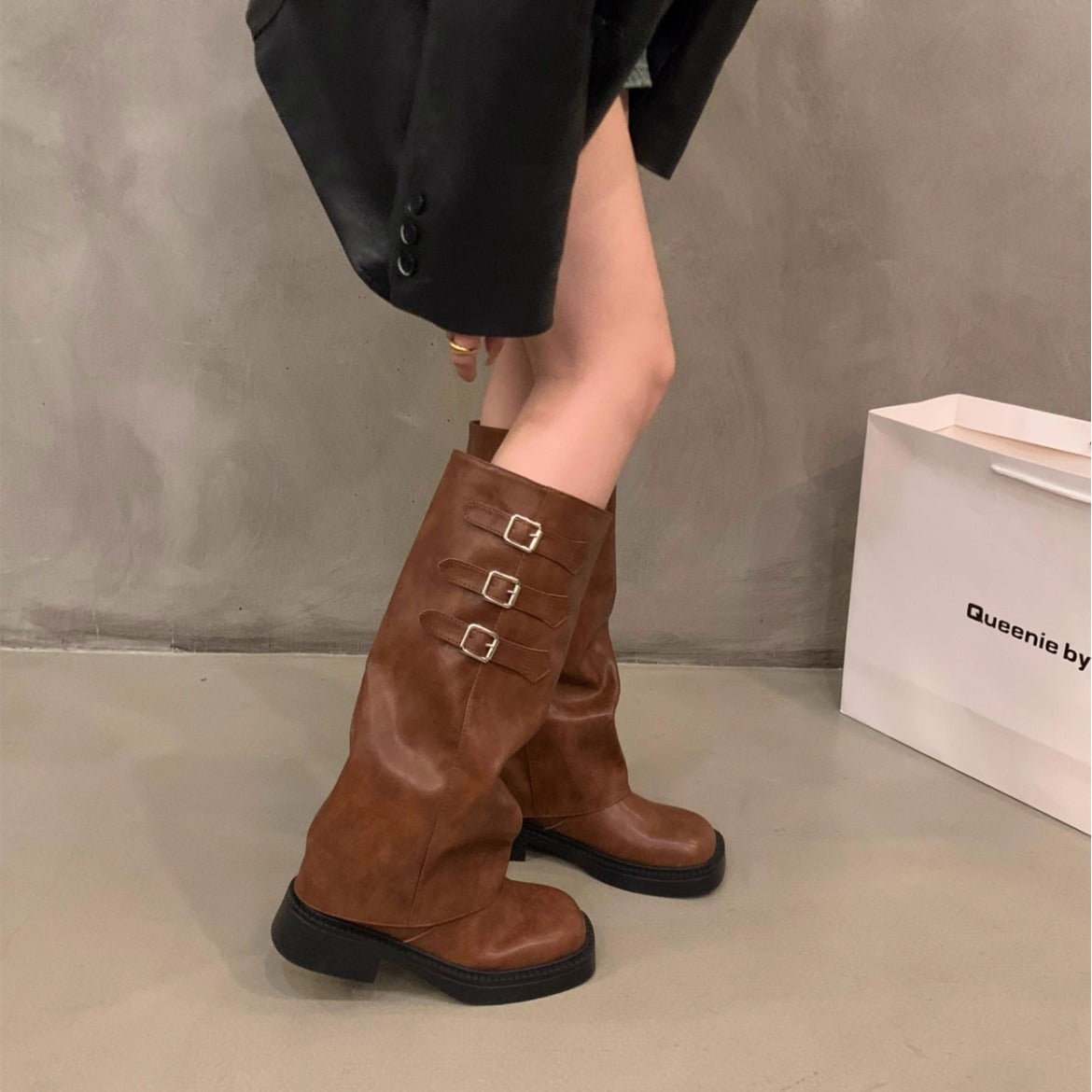 Women's Retro Long Biker Boots with Thick Sole and Pantyhose Design