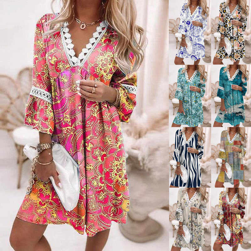 Spring Printed Lace Stitching Bohemian Casual Vacation Style Dress