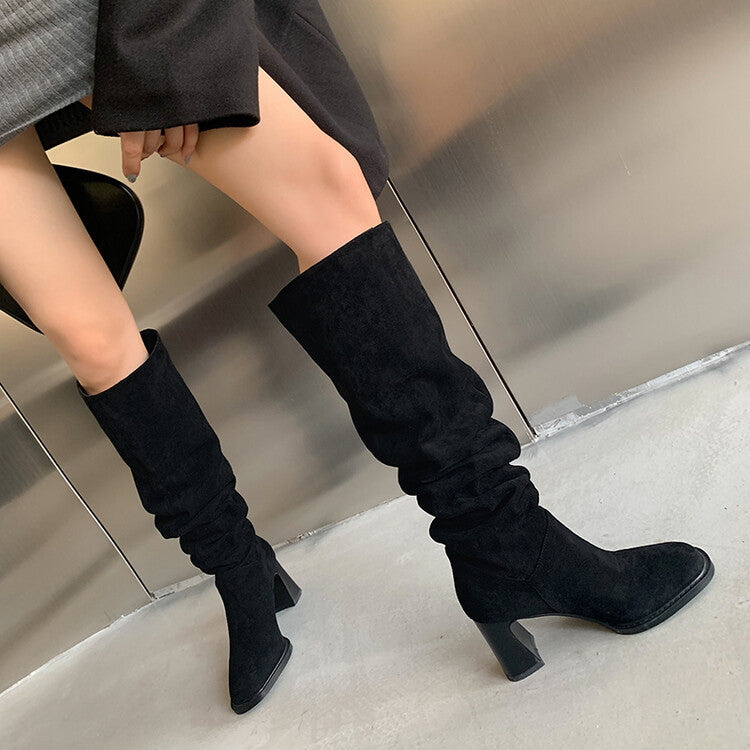 High Heel High Leg Riding Boots with Square Toe – Thick Leg-Lengthening Design