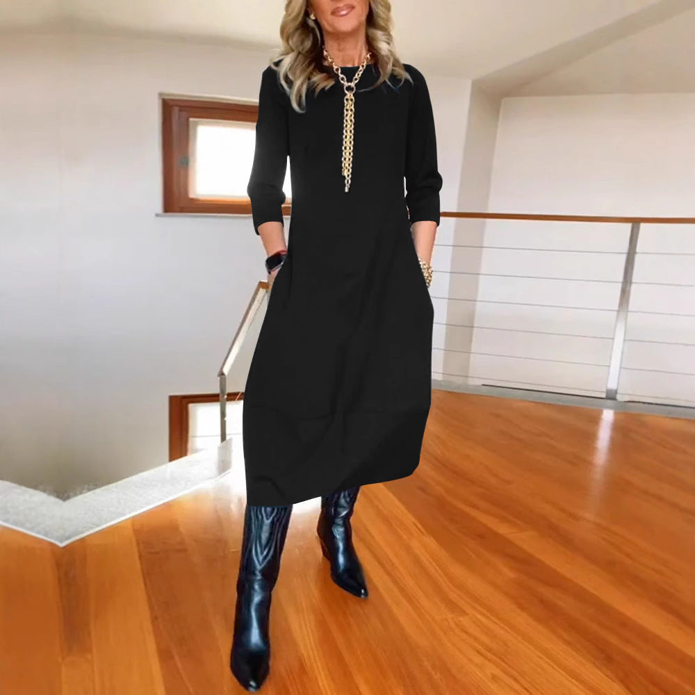 Women's New All-Matching Solid Color Loose Round Neck Long Sleeve Dress