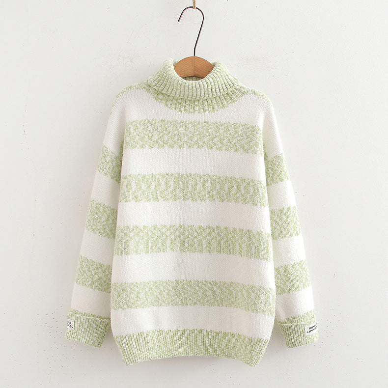 Japanese-Style Striped Contrast Color Half Turtleneck Long Sleeve Knitted Pullover Sweater