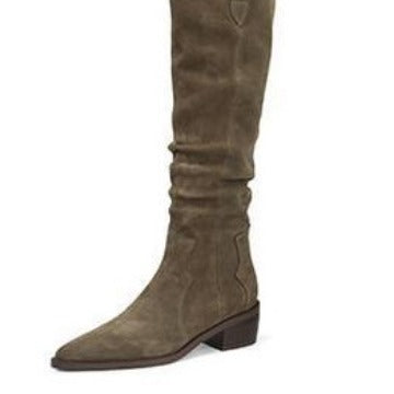 Women's Suede Pointed Toe Chunky Heel Long Biker Boots with Pile Style