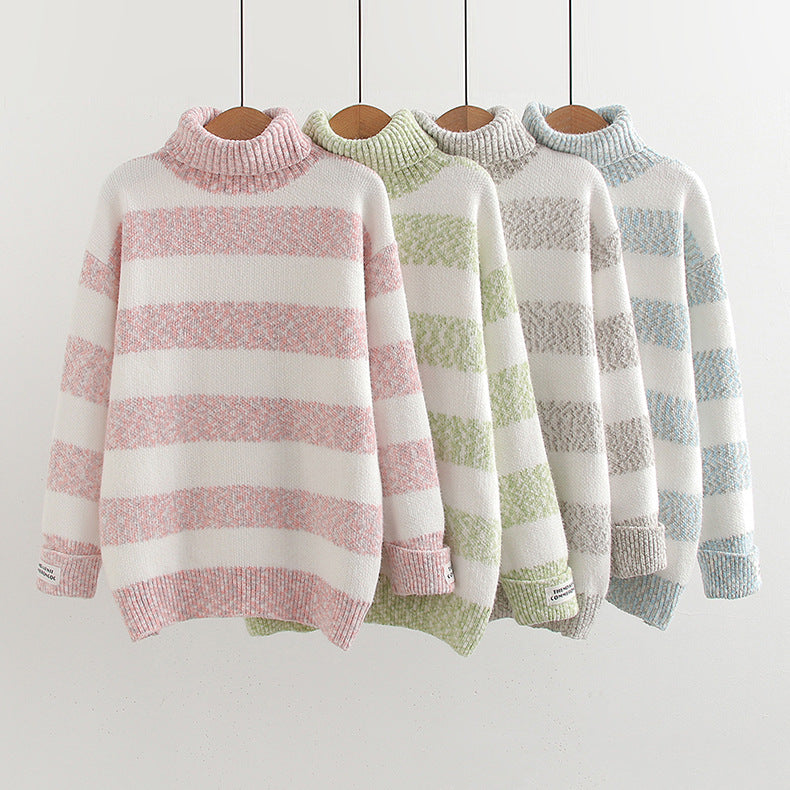 Japanese-Style Striped Contrast Color Half Turtleneck Long Sleeve Knitted Pullover Sweater