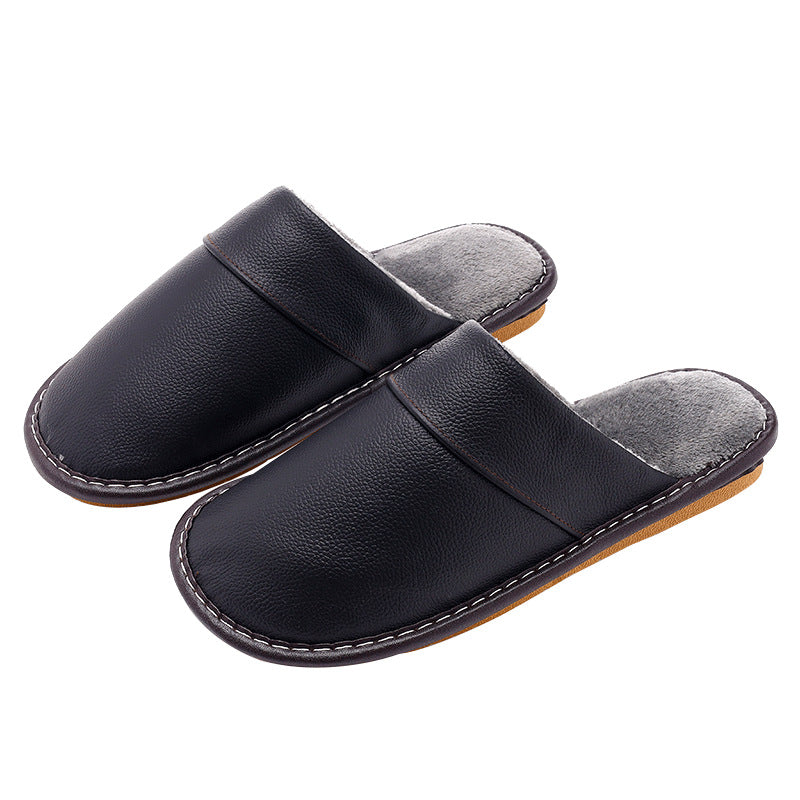 Genuine Leather Cowhide Cotton Slippers - Warm Household Footwear