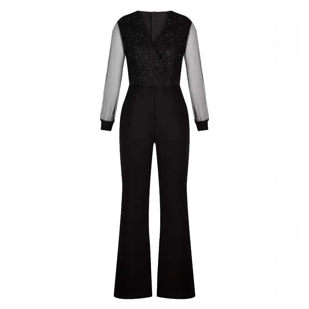 Fashionable Slim-Fit Solid Color V-Neck Jumpsuit with Mesh Stitching and High Waist Pockets