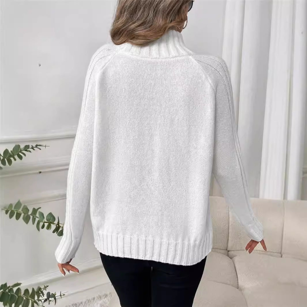 Women's Solid Color All-Matching Turtleneck Pullover Raglan Long Sleeve Sweater