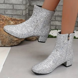 Sequin Outfit Chunky Heel Boots for Women – Soft Bottom with Side Zipper