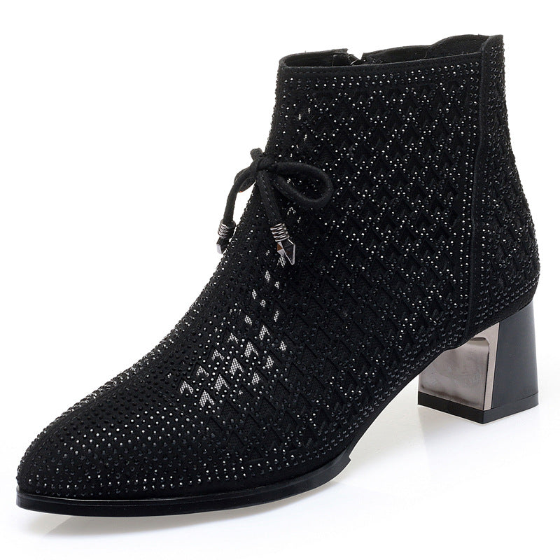 Women's Chunky Heel Mesh Boots with Hollow Design and Rhinestone High Heels