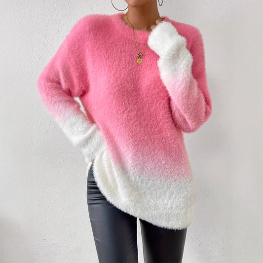 Elegant Women's Gradient Woolen Round Neck Sweater