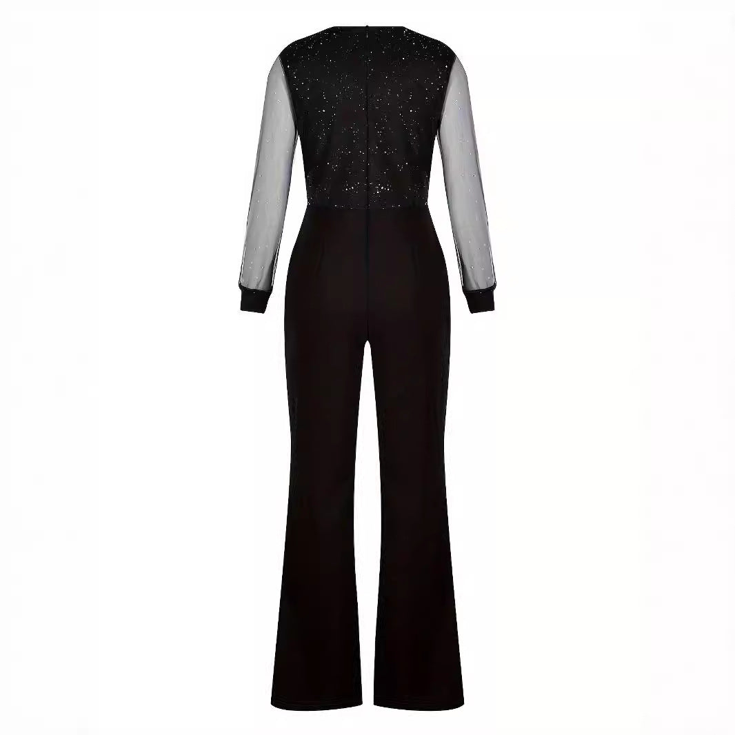 Fashionable Slim-Fit Solid Color V-Neck Jumpsuit with Mesh Stitching and High Waist Pockets