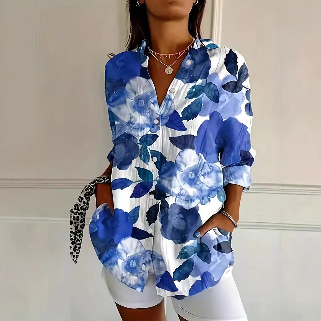 Women's Color Matching Casual Loose Button Digital Printing Shirt