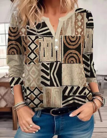 Women's V-Neck Shirt with Geometric Pattern – Casual Long Sleeve Design