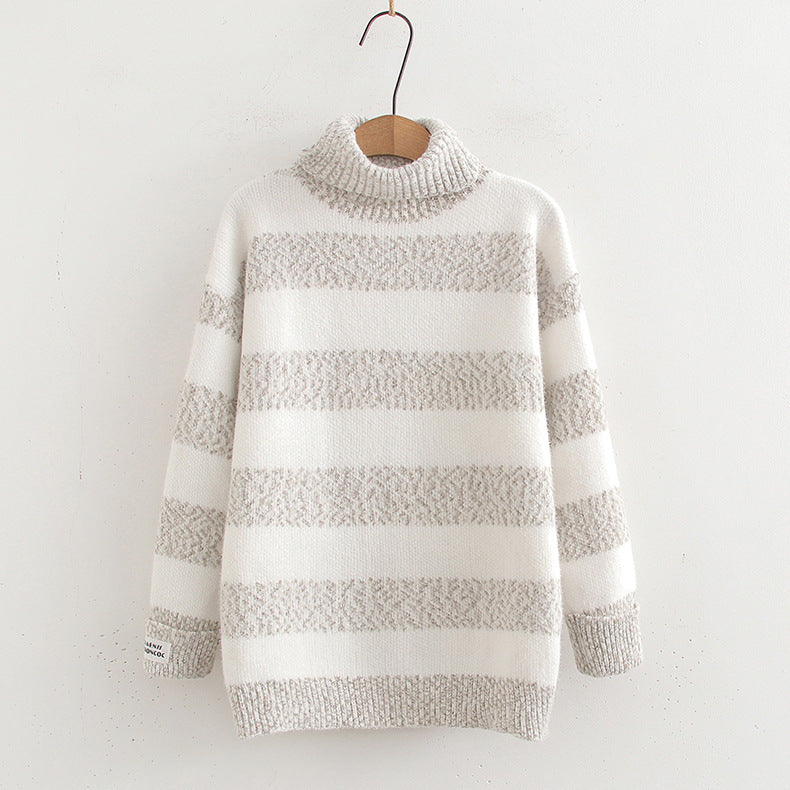 Japanese-Style Striped Contrast Color Half Turtleneck Long Sleeve Knitted Pullover Sweater