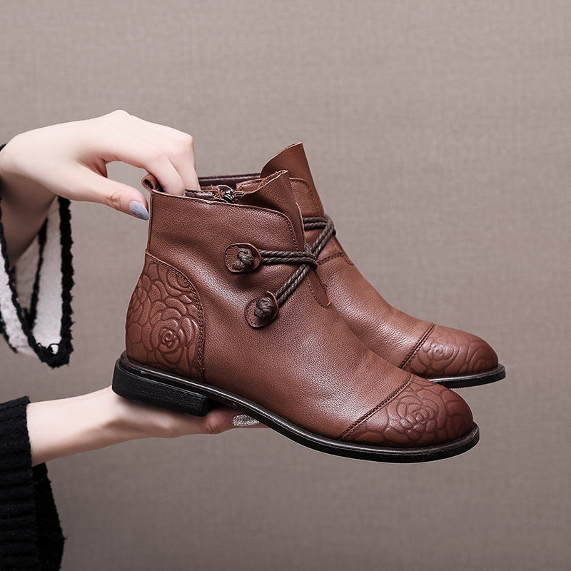 Plus Size Flat Leather Tube Ankle Boots