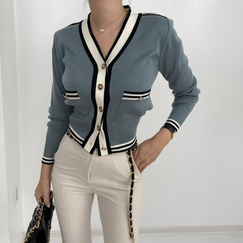 V-neck Long Sleeve Knitted Cardigan with Stitching and Metal Button Details