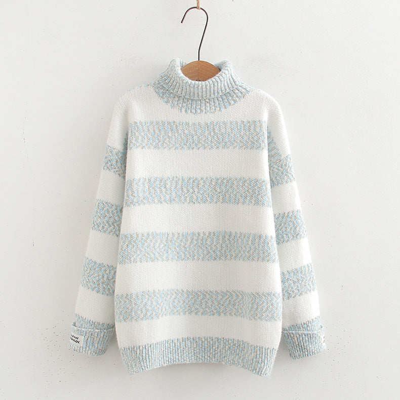 Japanese-Style Striped Contrast Color Half Turtleneck Long Sleeve Knitted Pullover Sweater