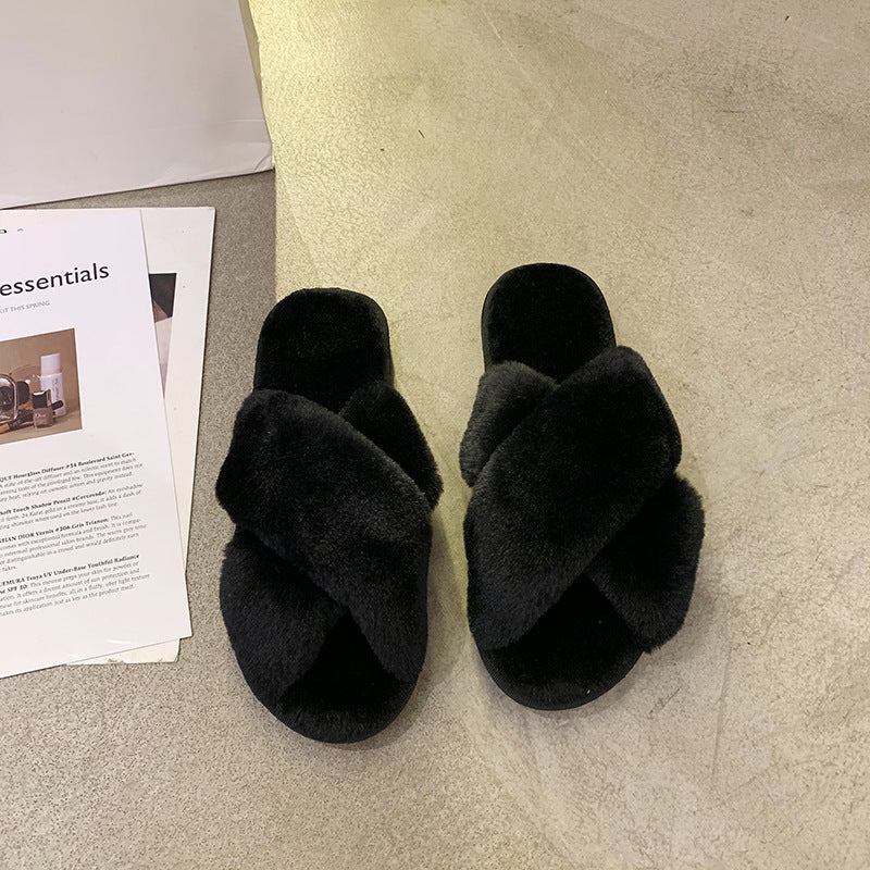 Indoor Fluffy Cross-Band Slippers - Open-Toe Design with Soft Rabbit Fur