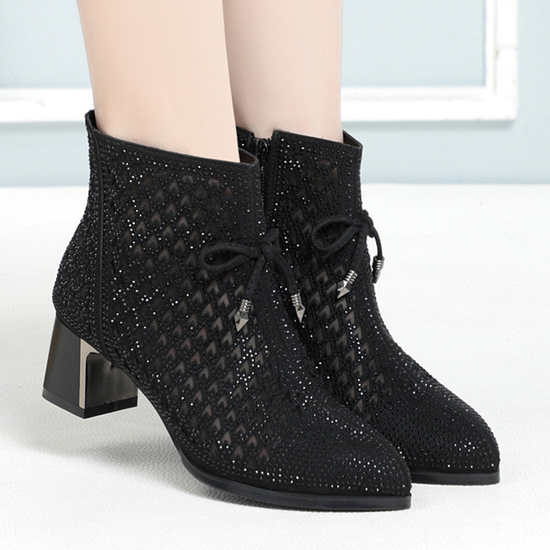 Women's Chunky Heel Mesh Boots with Hollow Design and Rhinestone High Heels