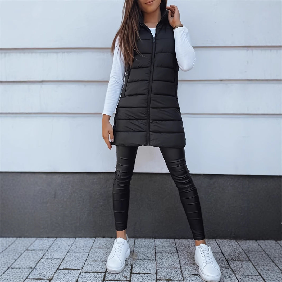 Solid Color Hooded Quilted Zipper Cotton Vest Coat