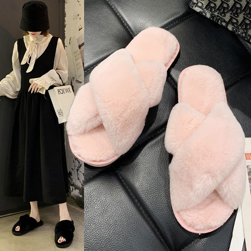 Indoor Fluffy Cross-Band Slippers - Open-Toe Design with Soft Rabbit Fur