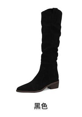 Women's Suede Pointed Toe Chunky Heel Long Biker Boots with Pile Style