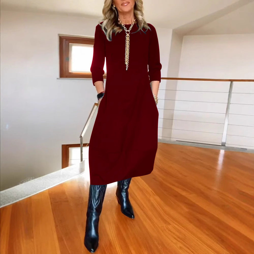 Women's New All-Matching Solid Color Loose Round Neck Long Sleeve Dress