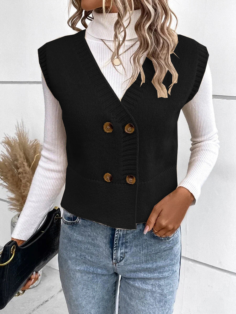 New Casual Knitted V-Neck Sweater with Buttons