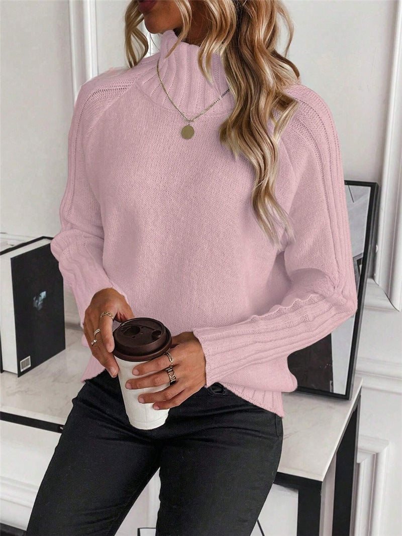 Women's Solid Color All-Matching Turtleneck Pullover Raglan Long Sleeve Sweater